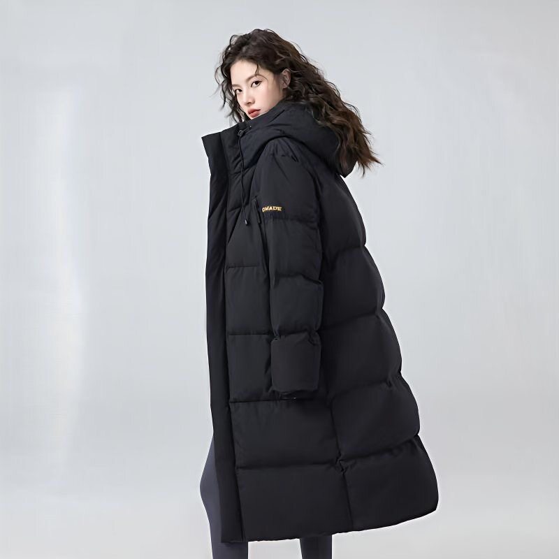 2025冬季黑色羽绒棉服女中长款连帽宽松加厚过膝面包服保暖外套