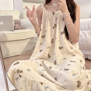 吊带睡裙女款夏季棉双层纱布睡衣可爱兔子中长款休闲宽松家居服