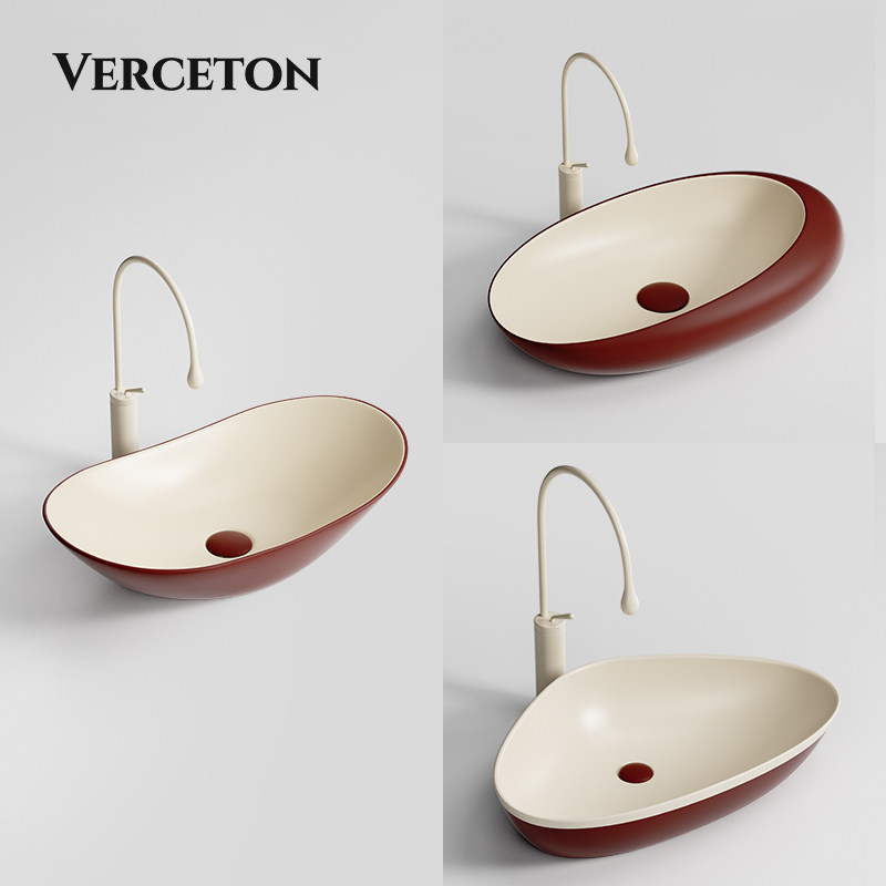 撞色系列洗面台上盆砖红色双拼奶油彩色陶瓷异形洗漱洗手洗脸面盆