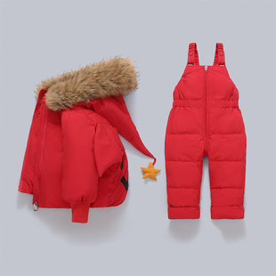 童小鸭儿童羽绒服套装男女宝宝加厚保暖连帽背带裤婴儿羽绒两套
