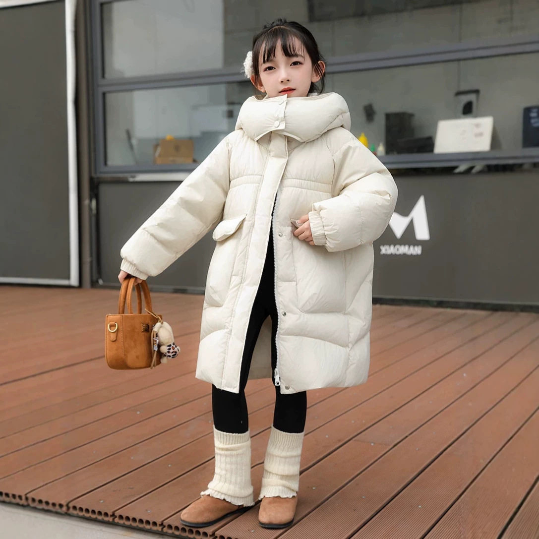 女童中大童冬季羽绒服简约宽松韩版时尚潮流中长款保暖连帽羽绒服