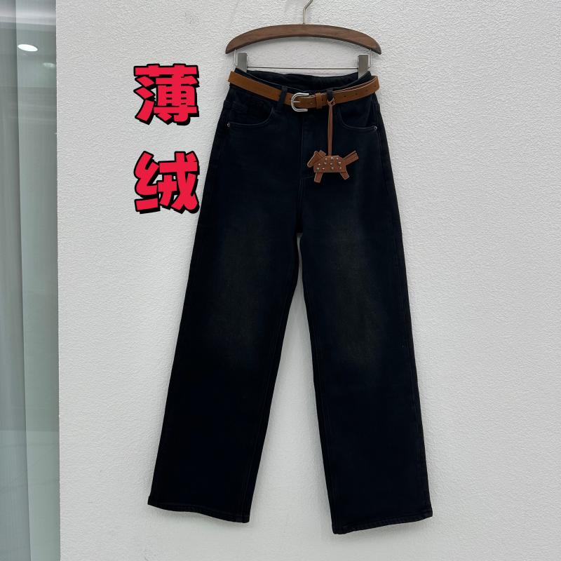 酷希莱61039薄绒黑色高腰牛仔裤女2025冬季宽松显瘦直筒拖地长裤