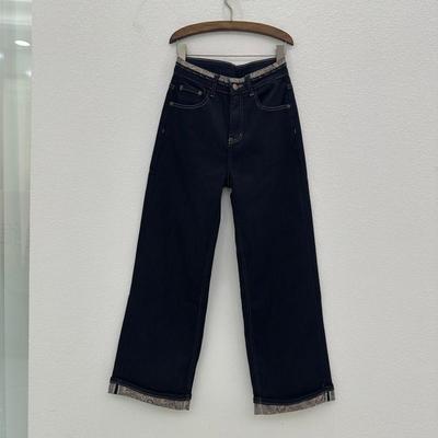 酷希莱60770普洗蓝卷边高腰牛仔裤女2025秋季宽松显瘦直筒拖地裤