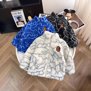 儿童男童羊羔绒外套宽松复合颗粒冬季新款加厚女童毛保暖拉链立领