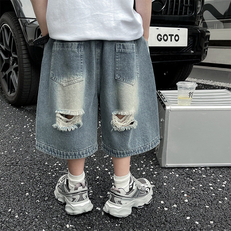 韩国童装男孩破洞薄款牛仔短裤 中大童夏装新品直筒男童五分裤潮