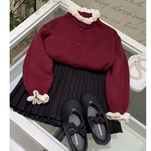 女童毛衣儿童一体绒加绒加厚针织秋冬款木耳花边韩气花边简约上衣