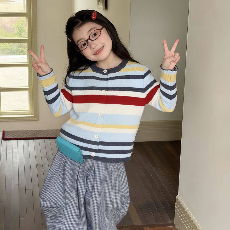 2026春秋季新款儿童针织开衫条纹外套宝宝女童童装时尚百搭