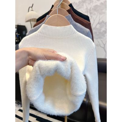 秋冬季儿童一体绒打底衫针织半高领毛衣纯色弹力男女童上衣加绒童