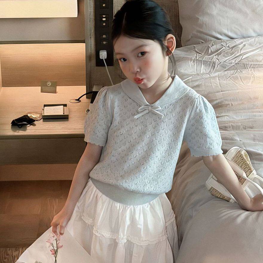 夏季女童韩系小香风镂空针织短袖女孩简约日系甜美polo领上衣T恤