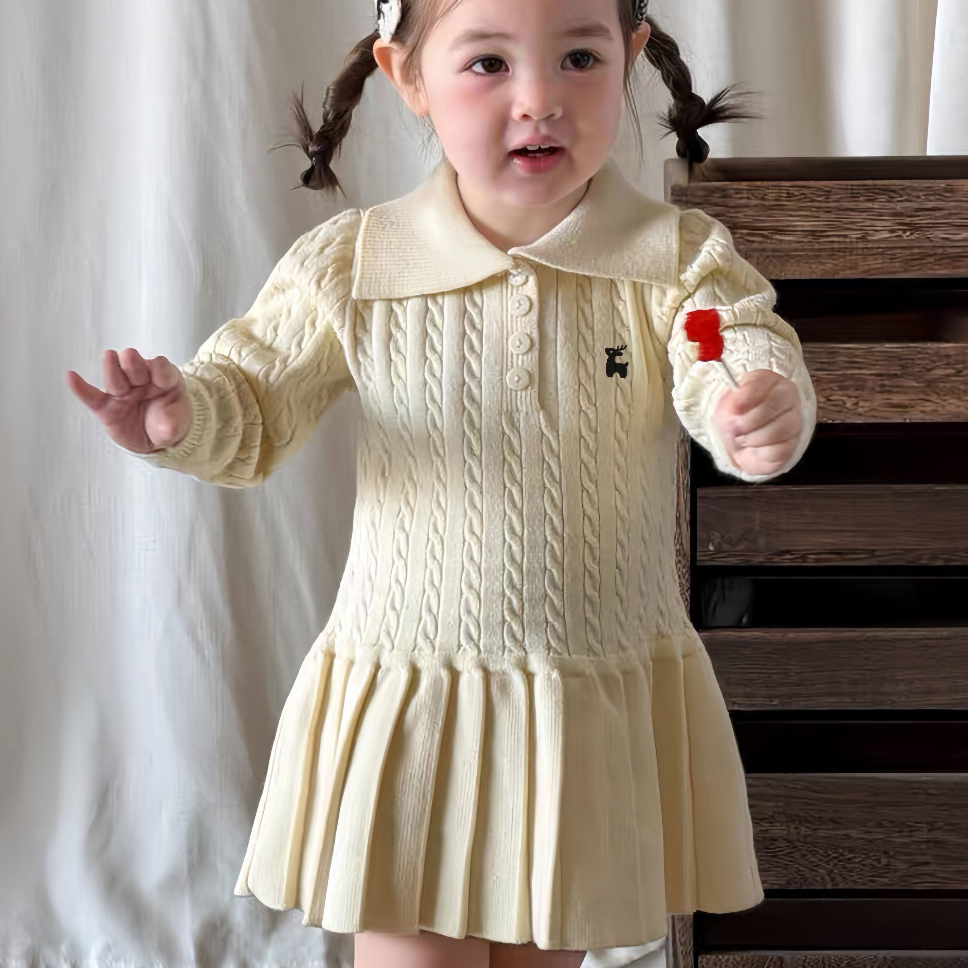 春秋新款儿童针织连衣裙麻花万针刺绣宝宝女童百褶裙时尚百搭童装
