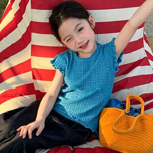 2026夏装新款女童花边领镂空针织衫宝宝洋气透气短袖T恤多色