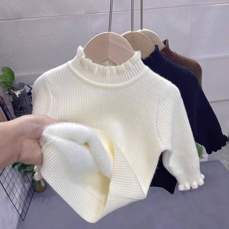 秋冬季儿童一体绒毛衣半高领木耳边宝宝女童毛衣加绒打底针织衫