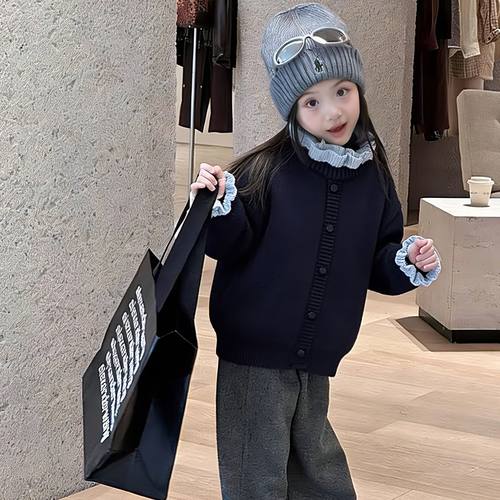 秋冬季儿童一体绒加绒加厚针织花边毛衣女童韩气花边简约宝宝上衣