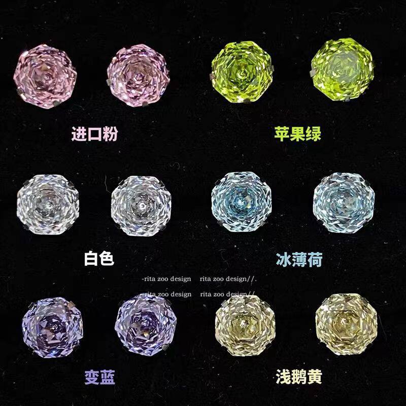 千嬉玫瑰切!6mm5A锆石多色重工山茶耳骨钉耳钉钛钢不掉色养耳洞女