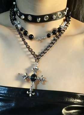 欧美跨境辣妹十字架串珠多层项圈暗黑哥特风皮质choker亚文化项链