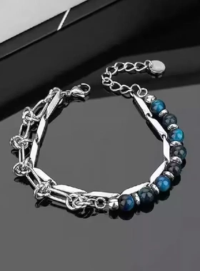 加格国潮复古嘻哈双层拼接设计感手链蓝色虎眼石原创小众男女配饰
