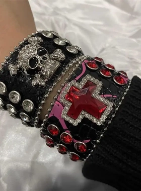 欧美跨境手环十字架手环男嘻哈辣妹朋克水钻手饰个性皮革柳钉手环