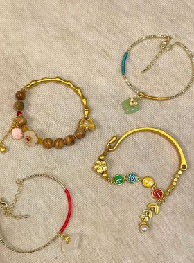 「平安喜乐」金色麦穗平安扣半镯半链女简约气质手镯闺蜜手饰