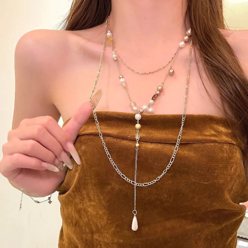 浪漫巴黎 法式珍珠多层叠戴项链女轻奢高级感金色长款锁骨链配饰