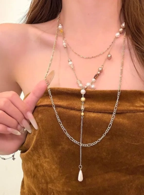 浪漫巴黎 法式珍珠多层叠戴项链女轻奢高级感金色长款锁骨链配饰
