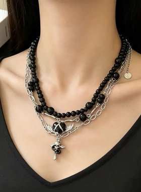 哥特风万圣节重工爱心十字翅膀流苏多层项链女甜酷辣妹小众锁骨链