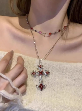 朋克红色十字架项链女潮choker辣妹y2哥特风双层叠戴锁骨叠戴项链