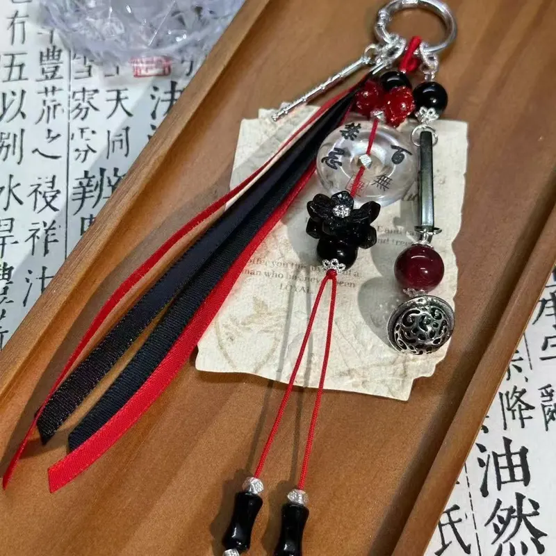 【黑花百无禁忌竹节宫铃】包挂咕本链卡册书包挂饰挂扣丝带笛子