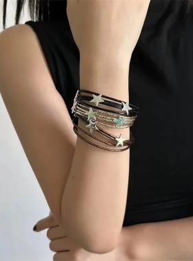 欧美朋克风y2k辣妹皮质多层星星磁吸扣手链女小众个性辣妹手饰潮