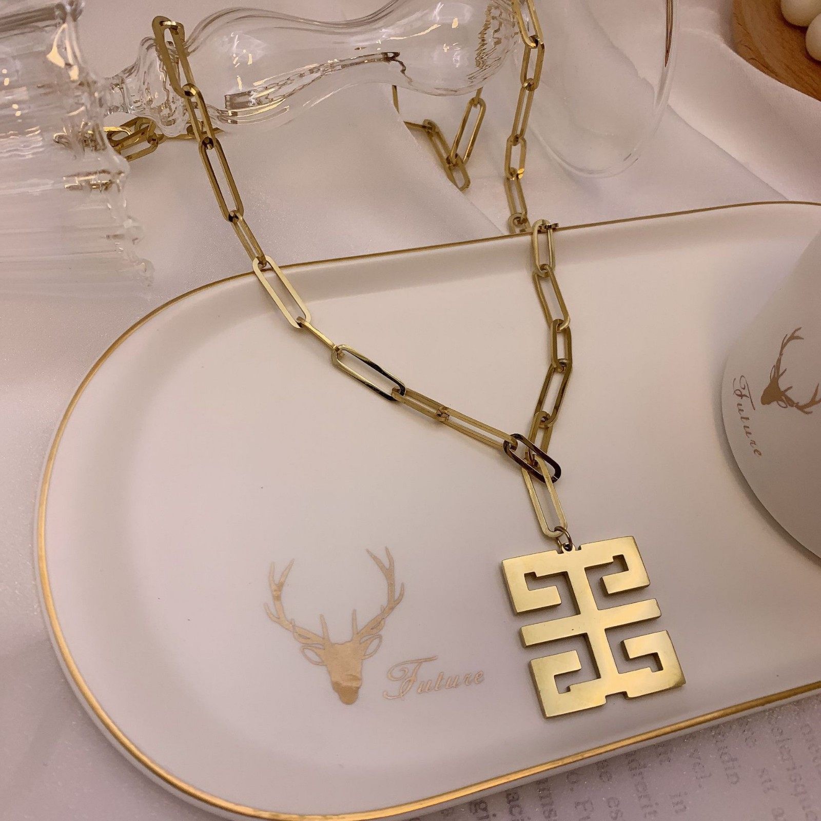 韩版网红大彤彤同款大牌范双喜钛钢毛衣链不褪色时尚风金属项链女