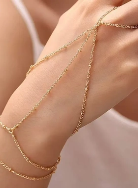 欧美跨境 小米珠简约双层手链珍珠戒指链手指链饰品波西米亚手链