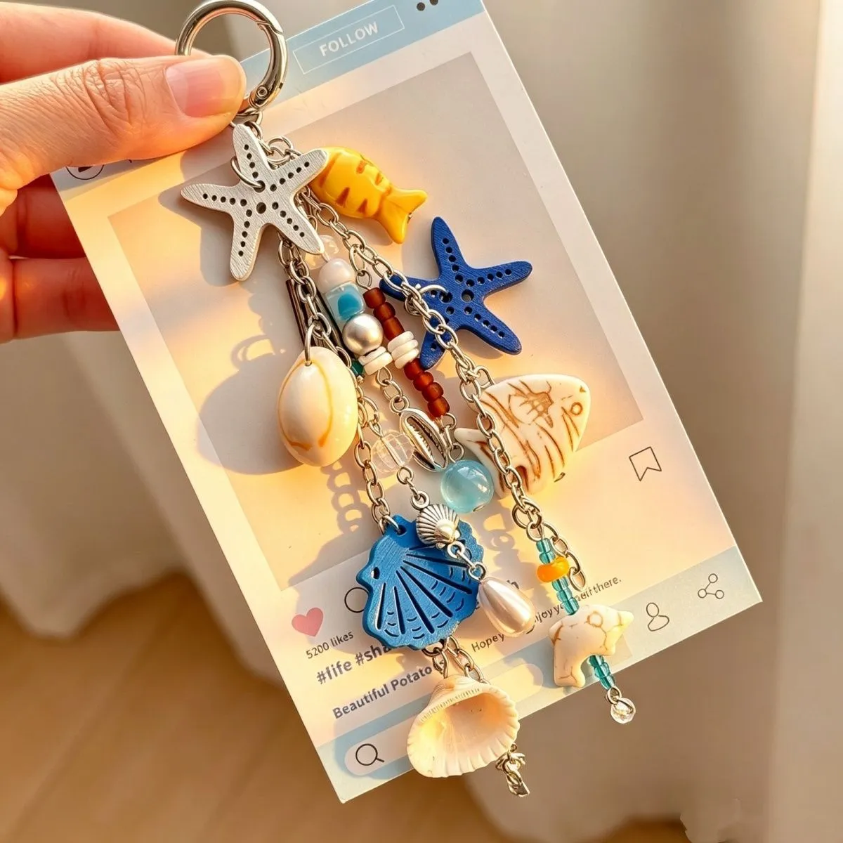 蓝色海星扇贝钥匙扣海洋贝壳系列挂饰钥匙链书包包挂件手机链海岛