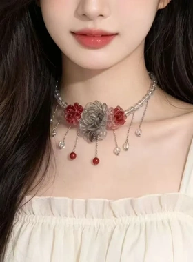 超仙红玫瑰水晶流苏choker蝴蝶玫瑰花项链小众轻奢串珠脖圈颈链潮