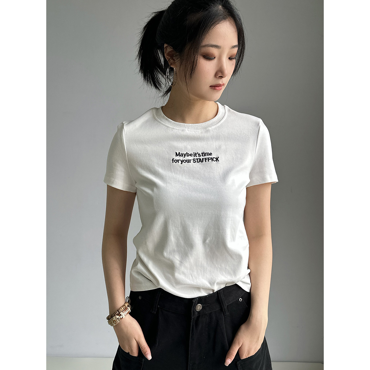 美式复古正肩白色短袖T恤女夏季T恤