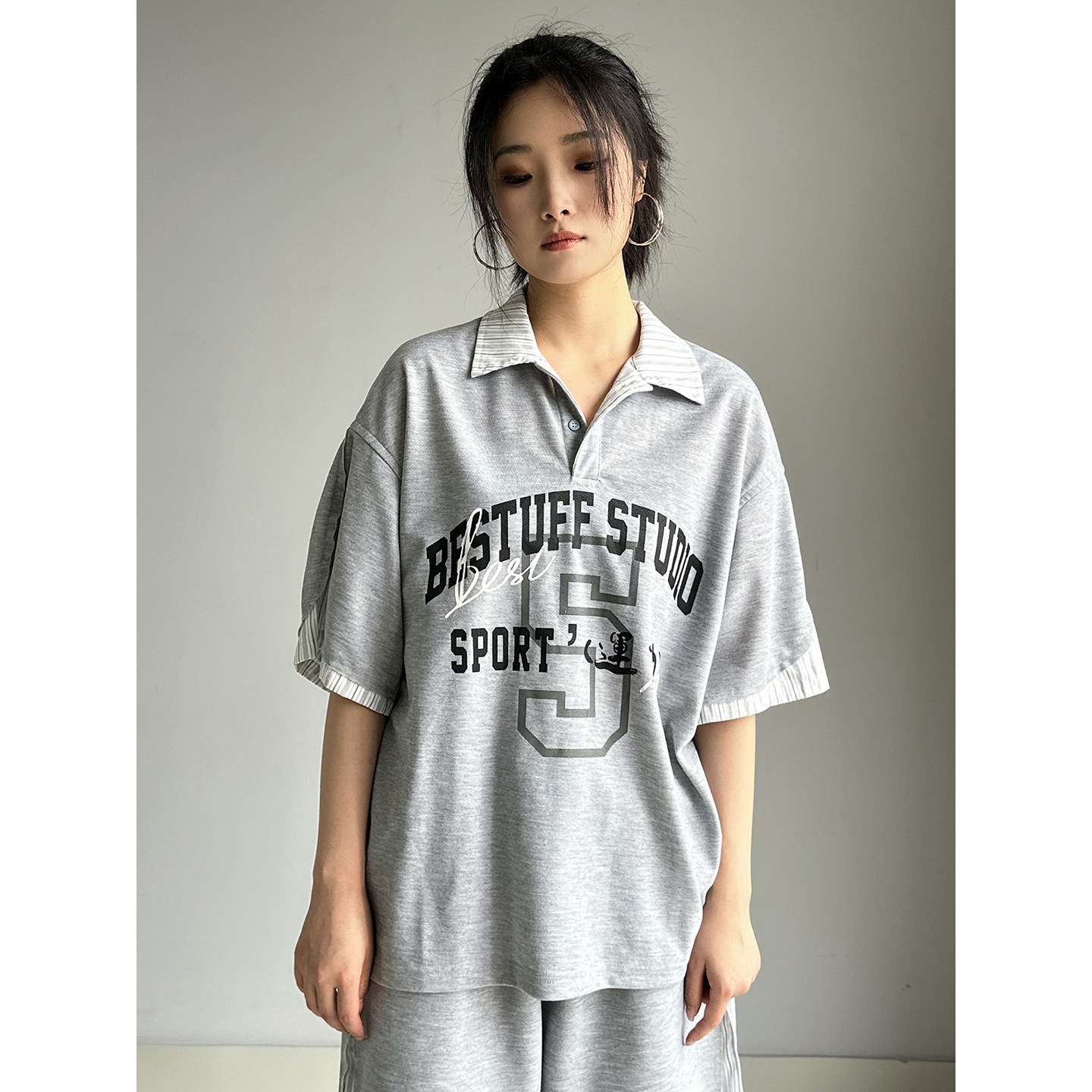 美式复古潮牌假两件POLO衫女POLO衫