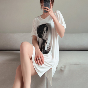 春夏韩版薄款莫代尔短袖T恤中长女印花中长款打底裙宽松百搭上衣