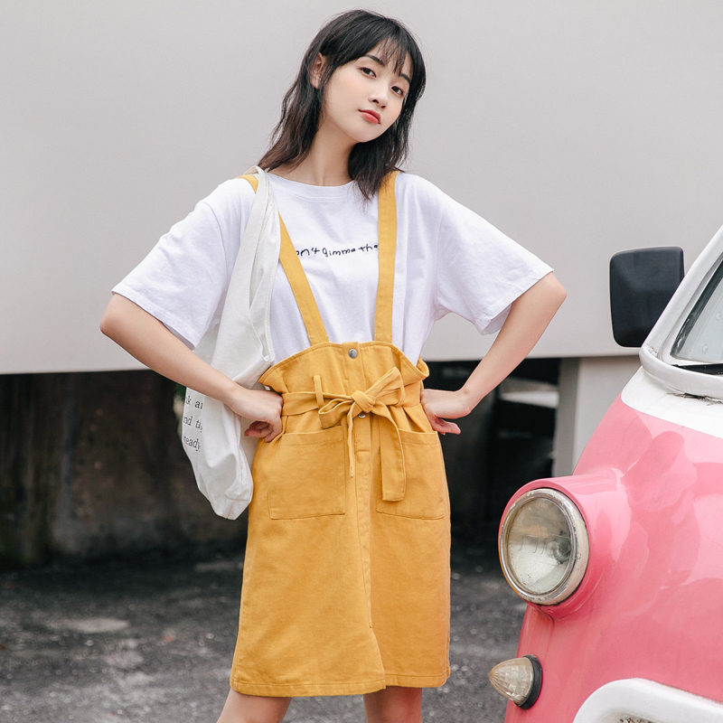 New versatile skinny candy color sweet denim strap dress suspender dress