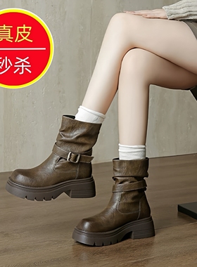 专柜2025年冬季新款真皮皮带扣复古时装靴女厚底美拉德风中筒短靴