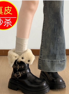 专柜2025新款冬真皮厚底加绒马丁靴女英伦风皮带扣短靴保暖机车靴