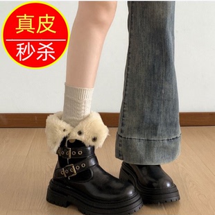 专柜2025新款冬真皮厚底加绒马丁靴女英伦风皮带扣短靴保暖机车靴