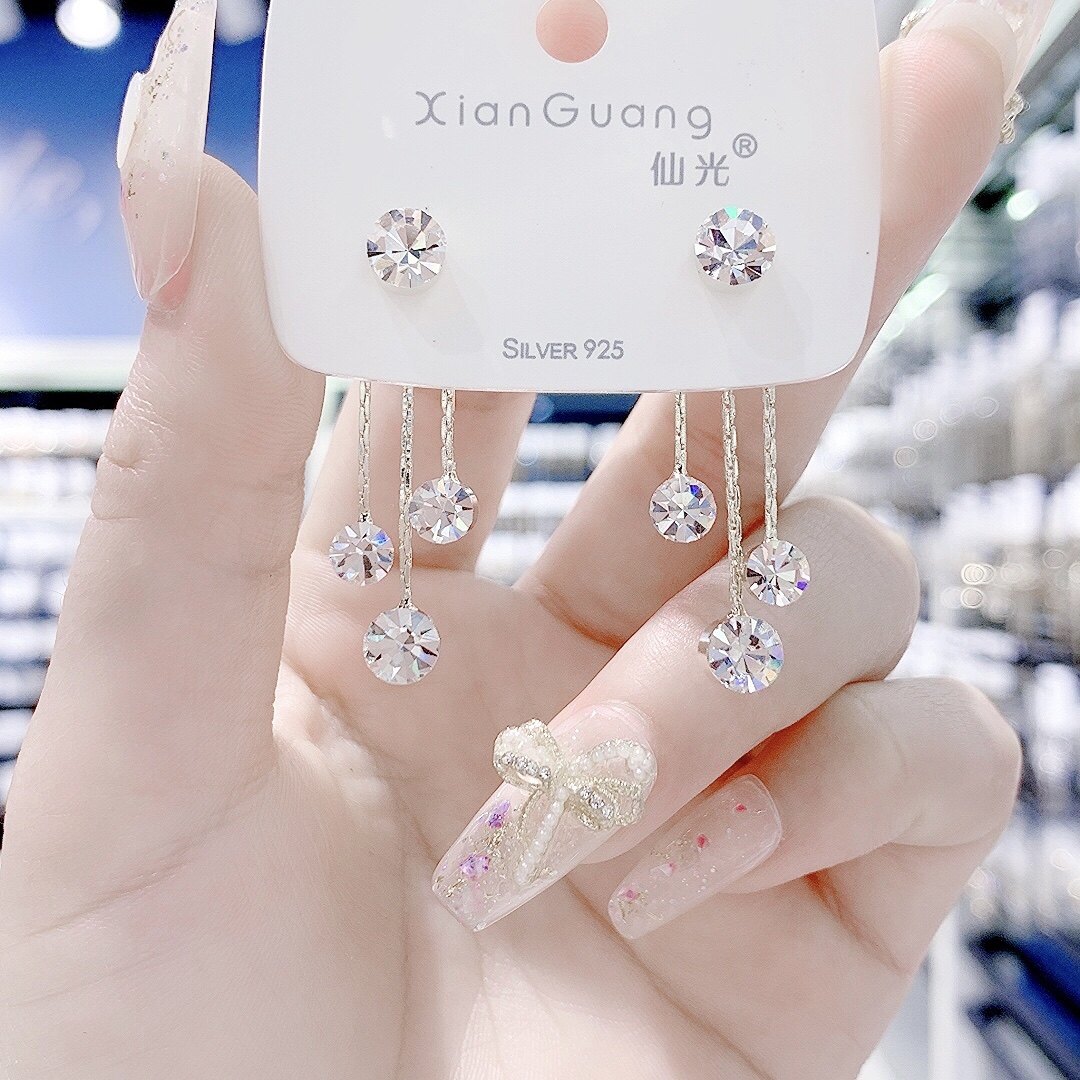 925银针天使之泪耳环2021年新潮百搭一款两戴超闪流苏日韩风.