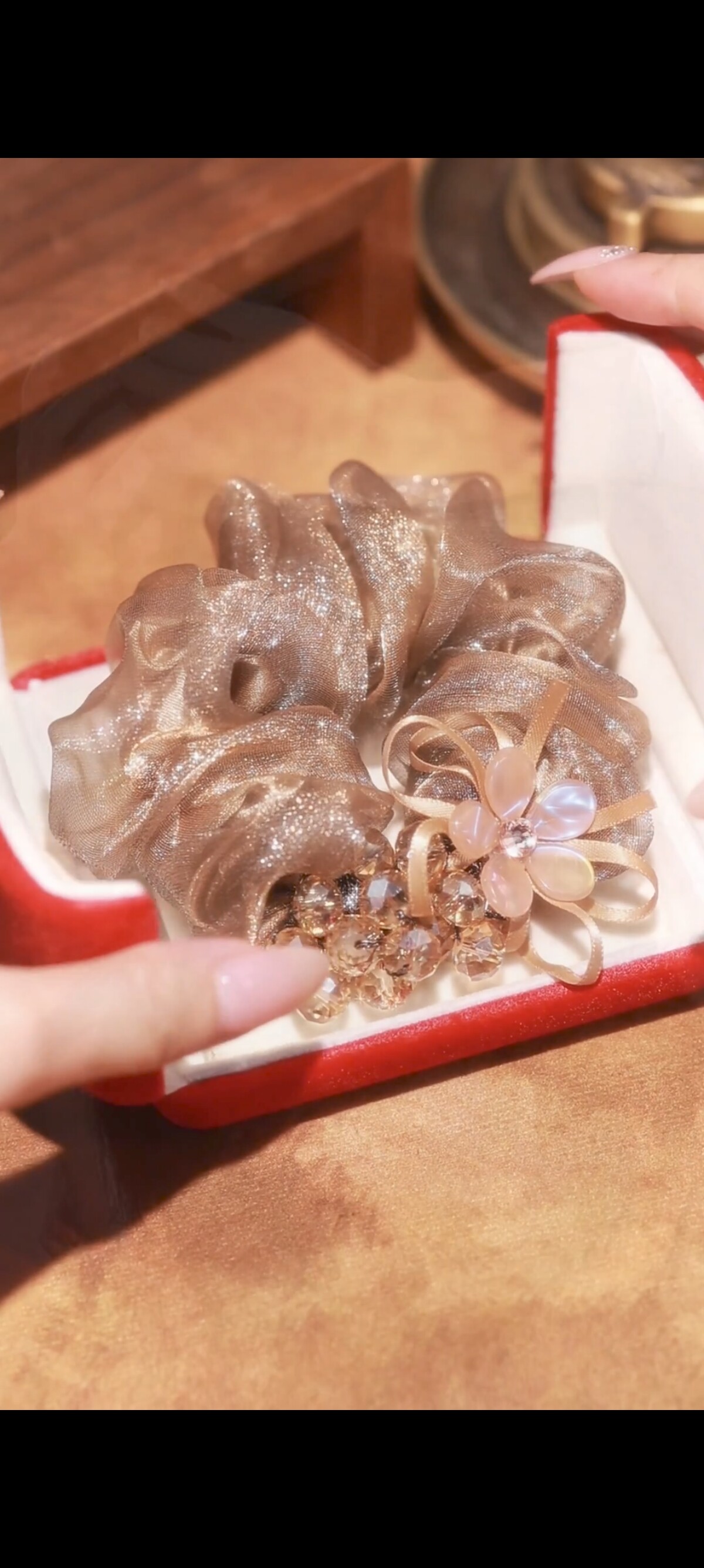 现货皓婉香槟色大肠发圈女优雅气质欧根纱头绳蓬松绑发皮筋头饰