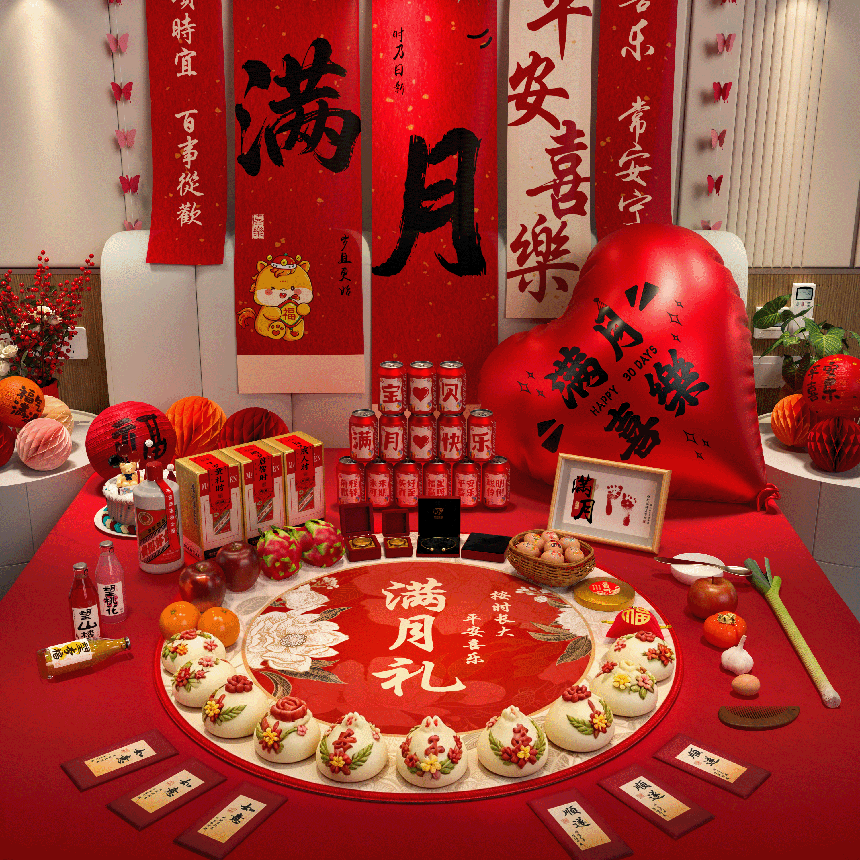 满月布置拍照道具宝宝百天仪式感用品在家婴儿红包百日宴地毯装饰
