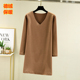女士百搭加厚T恤气质中长裙大码 2024秋冬德绒打底衫 V领连衣裙长袖