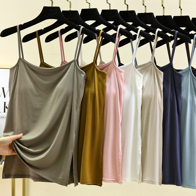 春夏薄款无袖纯色上衣大码莫代尔吊带女打底衫带胸垫内搭修身背心