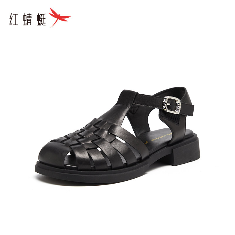 红蜻蜓夏季女士潮流露趾一字带凉鞋时尚罗马风气质真皮防滑凉鞋女