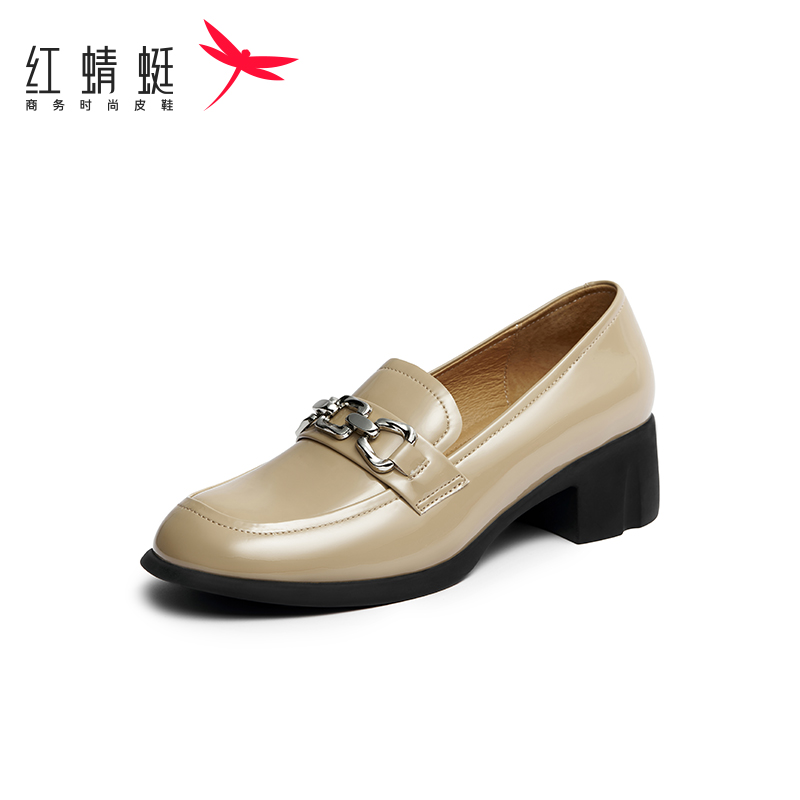 红蜻蜓春秋季时尚尖头细高跟女鞋中口英伦风厚底乐福鞋工作女单鞋