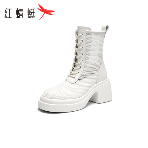 REDDRAGONFLY/红蜻蜓镂空网纱透气厚底增高薄款马丁靴女WCB23448