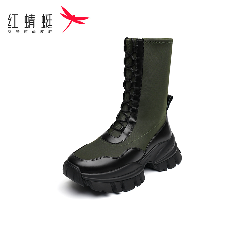 红蜻蜓厚底时尚甜酷中筒靴