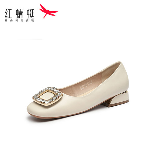 REDDRAGONFLY/红蜻蜓女士复古风水钻牛皮低跟浅口小皮鞋WTB42735