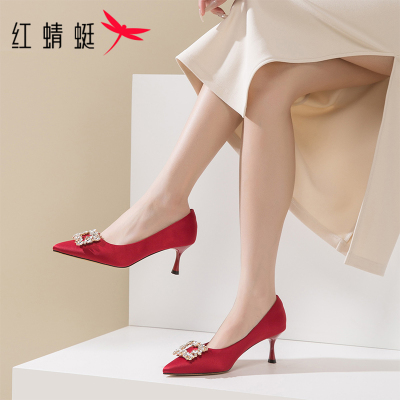 REDDRAGONFLY/红蜻蜓女士通勤优雅尖头水钻装饰细高跟鞋WTB14270